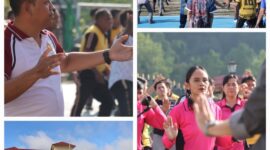 Kapolres Toraja Utara AKBP Stephanus Luckyto bersama Bhayangkari dan personel Polres mengikuti senam zumba dalam kegiatan Jumat Sehat di halaman Mapolres, Jumat (16/05/2025) pagi (Foto: Humas).