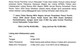 Pengumuman Lelang Logistik Eks. Pemilu 2024 KPU Toraja Utara Melalui KPKNL Palopo. Foto : (Istimewa)