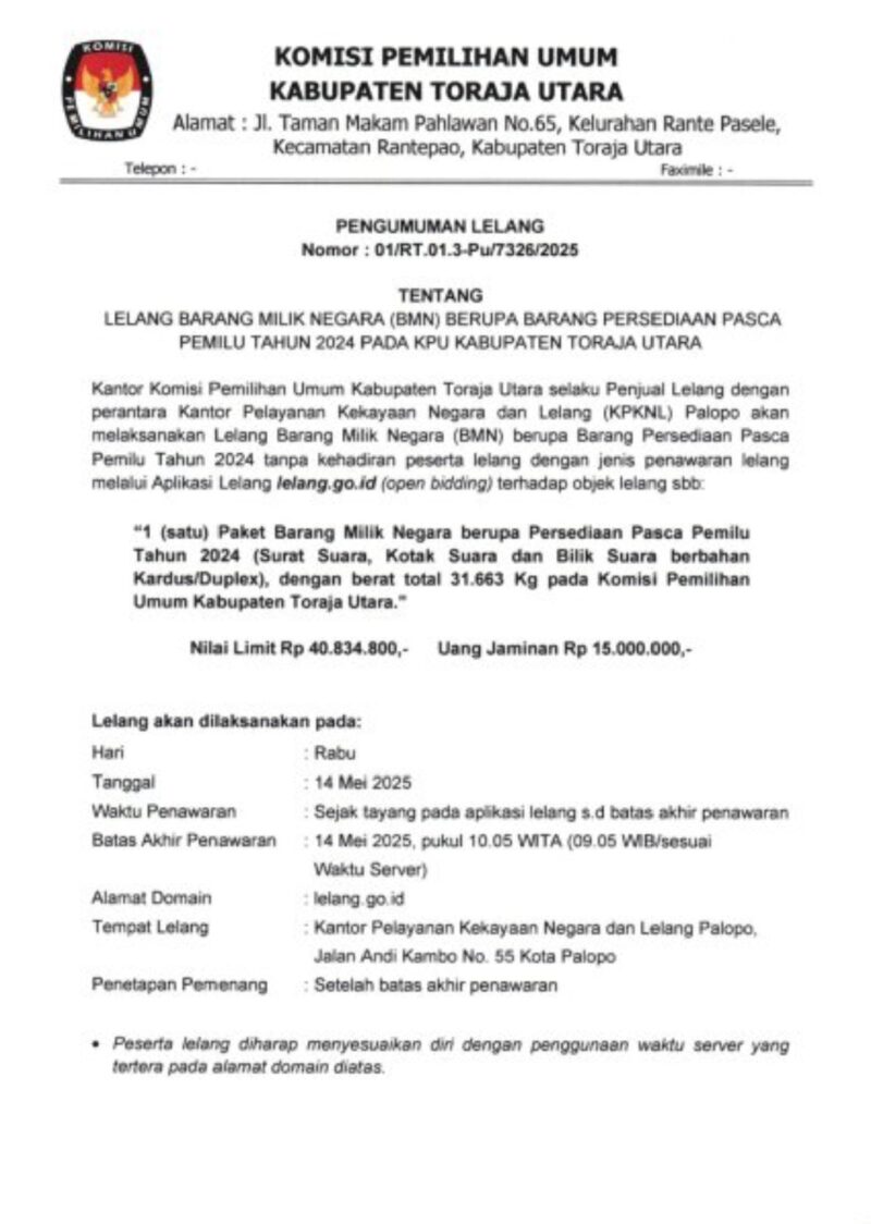 Pengumuman Lelang Logistik Eks. Pemilu 2024 KPU Toraja Utara Melalui KPKNL Palopo. Foto : (Istimewa)