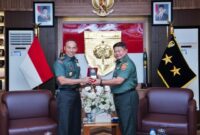 Pangdam XIV Hasanuddin, Mayjen TNI Windiyatno, bersama Kapuslitbang Strahan Kemhan RI, Brigjen TNI Budi Setiawan  di ruang tamu Pangdam, Makodam, Jl. Urip Sumoharjo, Kota Makassar. Selasa, (27/5/25).