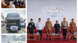 Kapolres Toraja Utara  bersama Bupati dan sejumlah pejabat melepas 19 calon haji,  di Art Center Alun-Alun Rantepao, Selasa (28/5/2025) (Foto: Humas).