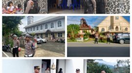 Pengamanan ibadah Kenaikan Yesus Kristus di salah satu gereja di Toraja Utara, dipimpin Kabag Ops Kompol Gerianto Pabuang, Kamis (29/05/2025) (Foto: Humas).