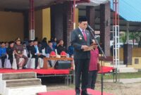 Bupati Toraja Utara, Frederik Viktor Palimbong yang membacakan Pidato Kepala Badan Pembinaan Ideologi Pancasila RI, Yudian Wahyudi saat peringatan hari lahir Pancasila 1 Juni 2025, dilapangan bakti, Selasa (17/6/25).