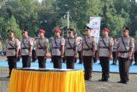 Para pejabat Polres Toraja Utara saat mengikuti upacara Serah Terima Jabatan (Sertijab) dan pelantikan yang dipimpin langsung oleh Kapolres AKBP Stephanus Luckyto A.W., S.I.K., S.H., M.Si di halaman Mapolres Toraja Utara. Toraja Utara, (16/6/2025) (Foto: Humas).