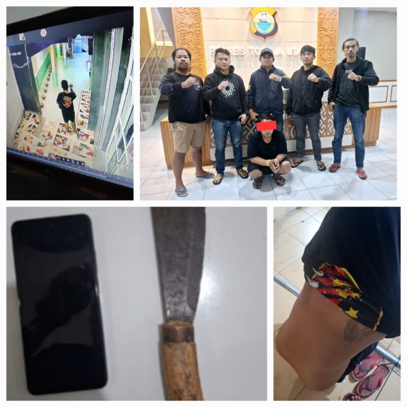 Pelaku pencurian HP di Masjid Besar Rantepao terekam kamera CCTV saat keluar dari lokasi kejadian (kiri atas), berhasil diamankan oleh Tim Resmob Polres Toraja Utara Rabu malam, (18/6/2025) (Foto: Humas)
