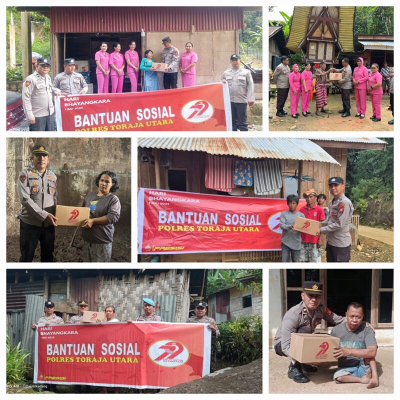 Jajaran Personel Polsek se Toraja Utara bersama Bhayangkari Cabang Toraja Utara menyerahkan bantuan sosial berupa paket sembako kepada warga kurang mampu dalam rangka menyambut Hari Bhayangkara ke-79. Kegiatan ini dilakukan secara door to door di berbagai wilayah di Kabupaten Toraja Utara. Toraja Utara, Rabu (25/6/2025) (Foto: Humas).